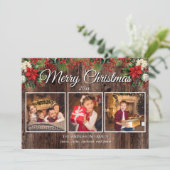 Vrolijk Kerstmis 3 Foto Rustiek Hout Holly Berries Kaart (Staand voorkant)