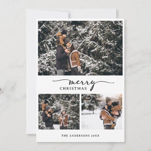 Vrolijk Kerstmis 3 foto's Collage Modern Script Feestdagenkaart (Voorkant)