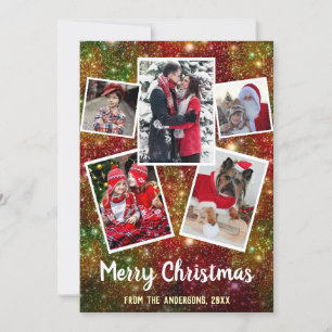 Vrolijk Kerstmis 5 Familie Fotocollage   Sparkles Feestdagenkaart