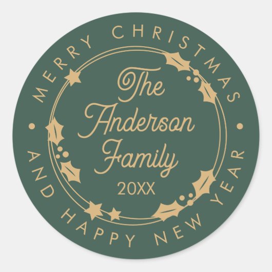 Vrolijk Kerstmis Aangepaste Naam Jaar Script krans Ronde Sticker (Voorkant)