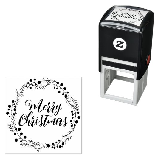 Vrolijk Kerstmis aangepaste script rustieke krans Zelfinktende Stempel (In situ)