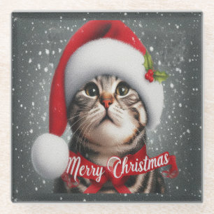 Vrolijk Kerstmis Amerikaanse shorthair Cat, Santa Glazen Onderzetter