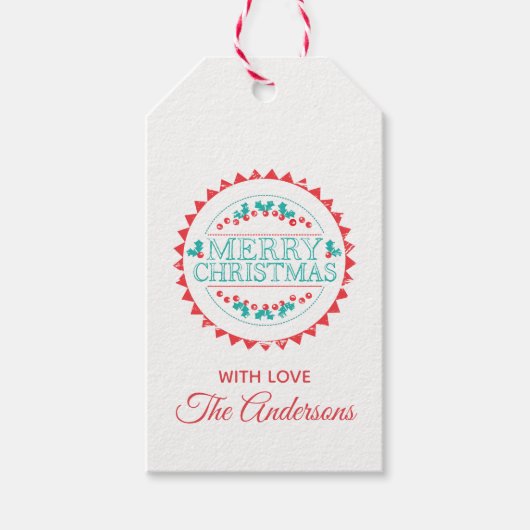 Vrolijk Kerstmis Aqua & Rood Krijt Stamp Typografi Cadeaulabel (Voorkant)