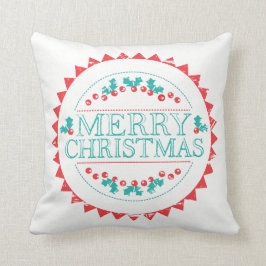 Vrolijk Kerstmis Aqua & Rood Krijt Stamp Typografi Kussen