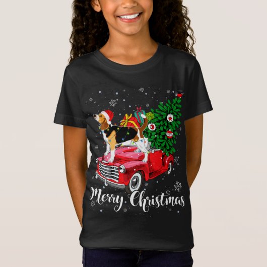 Vrolijk Kerstmis Beagle Santa Light Rode Vrachtwag T-shirt (Voorkant)