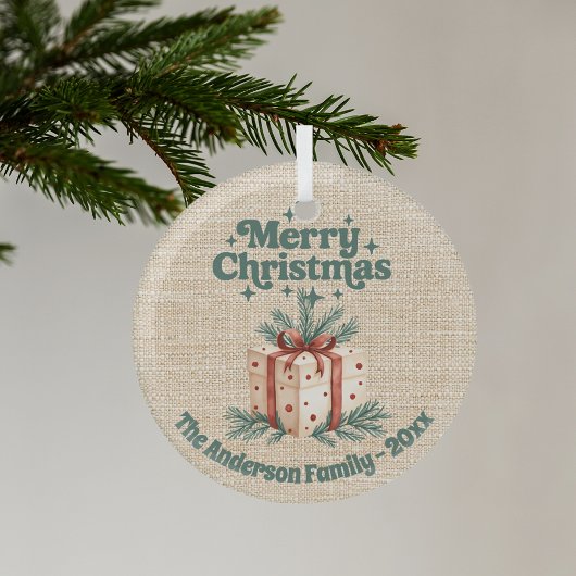 Vrolijk Kerstmis beige jute geschenkdoos groen Glas Ornament