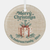 Vrolijk Kerstmis beige jute geschenkdoos groen Glas Ornament (Voorkant)