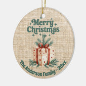 Vrolijk Kerstmis beige jute geschenkdoos groen Keramisch Ornament (Links)