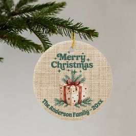 Vrolijk Kerstmis beige jute geschenkdoos groen Keramisch Ornament