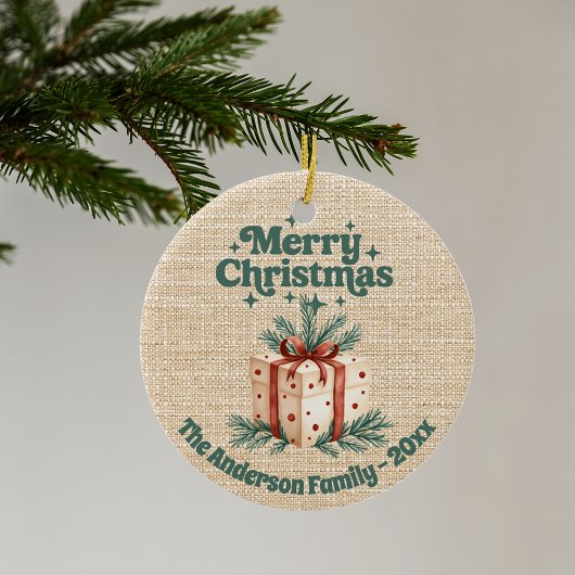 Vrolijk Kerstmis beige jute geschenkdoos groen Keramisch Ornament