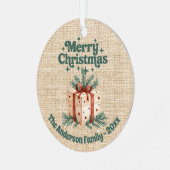 Vrolijk Kerstmis beige jute geschenkdoos groen Metalen Ornament (Voorkant links)