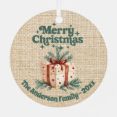 Vrolijk Kerstmis beige jute geschenkdoos groen Metalen Ornament (Achterkant)