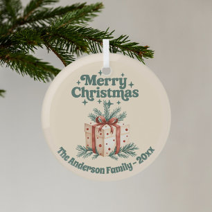 Vrolijk Kerstmis beige rustieke geschenkdoos groen Glas Ornament