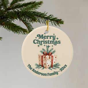 Vrolijk Kerstmis beige rustieke geschenkdoos groen Keramisch Ornament