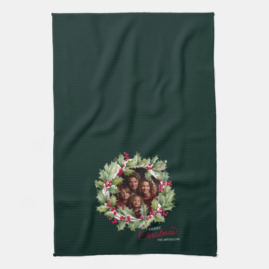 Vrolijk Kerstmis bewerkbare fotofamilie Theedoek (Verticaal)
