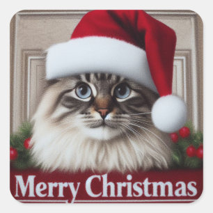 Vrolijk Kerstmis Birman Kat, Kerstman Birman Kat Vierkante Sticker