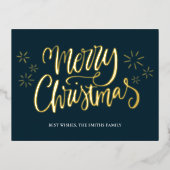 Vrolijk Kerstmis Blauw Goud Kalligrafie Niet Foto Folie Feestdagen Briefkaart (Voorkant)
