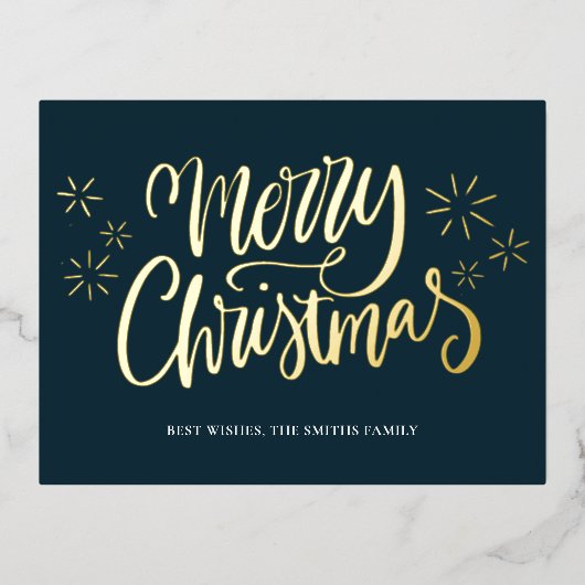 Vrolijk Kerstmis Blauw Goud Kalligrafie Niet Foto Folie Feestdagen Briefkaart (Voorkant)