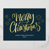 Vrolijk Kerstmis Blauw Goud Kalligrafie Zaken Folie Feestdagen Briefkaart (Voorkant)