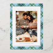 Vrolijk Kerstmis Blauw Groen Plaid Tartan Foto Folie Feestdagenkaart (Voorkant)