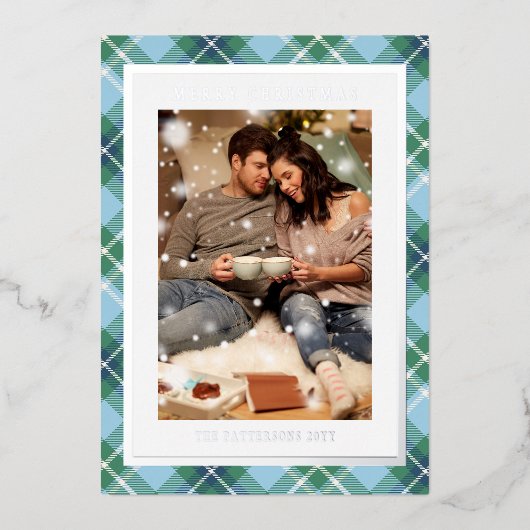 Vrolijk Kerstmis Blauw Groen Plaid Tartan Foto Folie Feestdagenkaart (Voorkant)