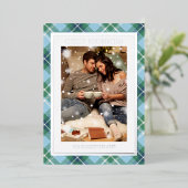 Vrolijk Kerstmis Blauw Groen Plaid Tartan Foto Folie Feestdagenkaart (Staand Voorkant)