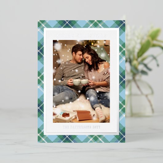 Vrolijk Kerstmis Blauw Groen Plaid Tartan Foto Folie Feestdagenkaart (Staand Voorkant)
