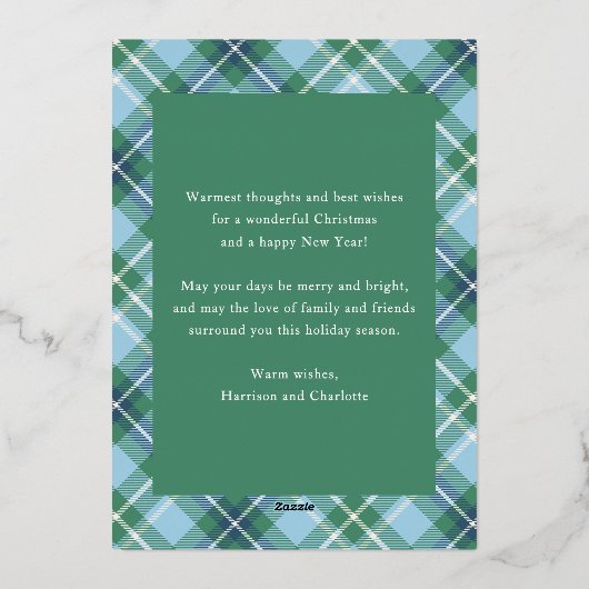 Vrolijk Kerstmis Blauw Groen Plaid Tartan Foto Folie Feestdagenkaart (Achterkant)