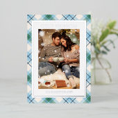 Vrolijk Kerstmis Blauw Groen Plaid Tartan Foto Folie Feestdagenkaart (Staand Voorkant)