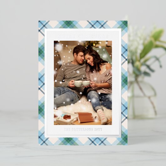 Vrolijk Kerstmis Blauw Groen Plaid Tartan Foto Folie Feestdagenkaart (Staand Voorkant)