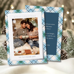 Vrolijk Kerstmis Blauw Groen Plaid Tartan Foto Folie Feestdagenkaart