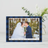 Vrolijk Kerstmis Blauw Plaid Bruiloft Fotokaart Feestdagenkaart (Staand voorkant)