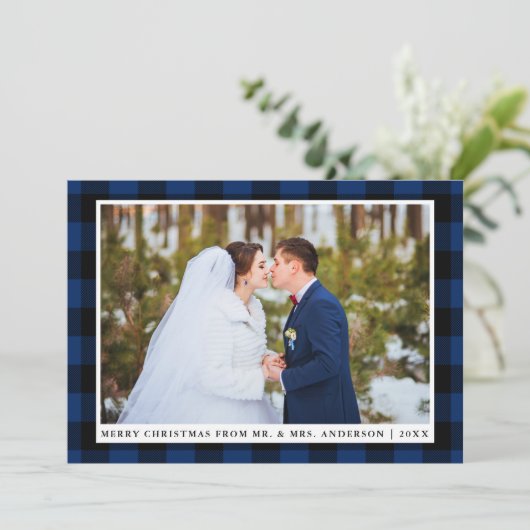 Vrolijk Kerstmis Blauw Plaid Bruiloft Fotokaart Feestdagenkaart (Staand voorkant)