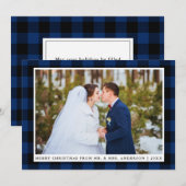 Vrolijk Kerstmis Blauw Plaid Bruiloft Fotokaart Feestdagenkaart (Voorkant / Achterkant)
