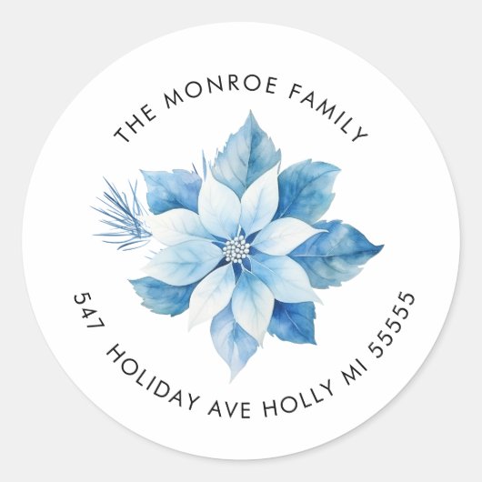 Vrolijk Kerstmis Blauw Poinsettia Adres Sticker (Voorkant)