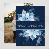 Vrolijk Kerstmis Blauw Poinsettia Feestdagenkaart (Voorkant / Achterkant)