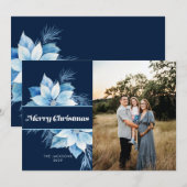 Vrolijk Kerstmis Blauw Poinsettia Feestdagenkaart (Voorkant / Achterkant)