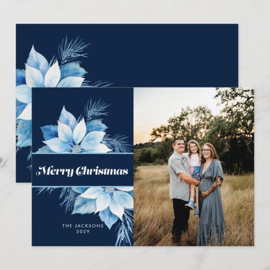 Vrolijk Kerstmis Blauw Poinsettia Feestdagenkaart (Voorkant / Achterkant)