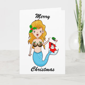 Vrolijk Kerstmis Blauwe Zeemeermin Met Stocking Feestdagen Kaart