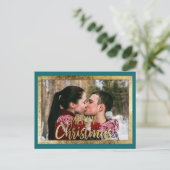 Vrolijk Kerstmis Blauwgroen Groen Goud Rand Foto Feestdagenkaart (Staand voorkant)