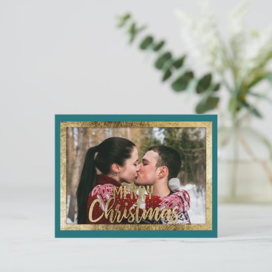 Vrolijk Kerstmis Blauwgroen Groen Goud Rand Foto Feestdagenkaart (Staand voorkant)