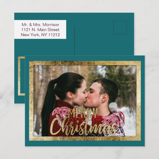 Vrolijk Kerstmis Blauwgroen Groen Goud Rand Foto Feestdagenkaart (Voorkant / Achterkant)
