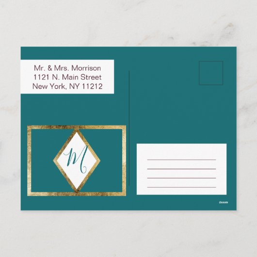 Vrolijk Kerstmis Blauwgroen Groen Goud Rand Foto Feestdagenkaart (Achterkant)