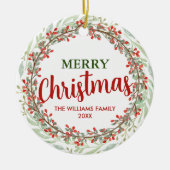 Vrolijk Kerstmis Bloem Krans Familienaam Keramisch Ornament (Voorkant)