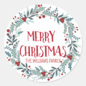 Vrolijk Kerstmis Bloem Krans Familienaam Ronde Sticker (Voorkant)