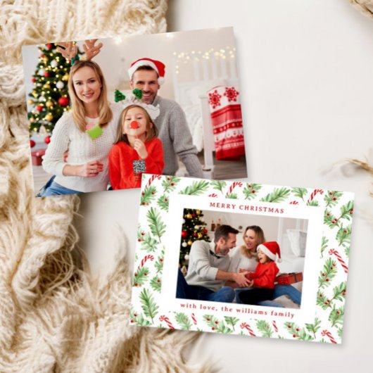 Vrolijk Kerstmis Bloemen Groen Twee Foto Feestdagenkaart