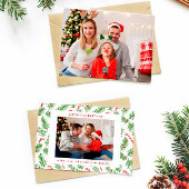 Vrolijk Kerstmis Bloemen Groen Twee Foto Feestdagenkaart