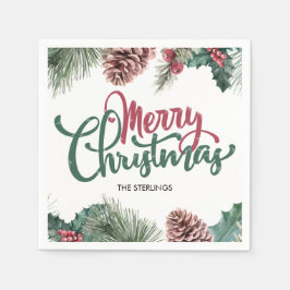 Vrolijk Kerstmis Bloemendennenappel Rode Holly Ran Servet