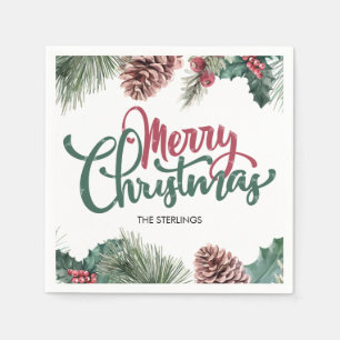 Vrolijk Kerstmis Bloemendennenappel Rode Holly Ran Servet