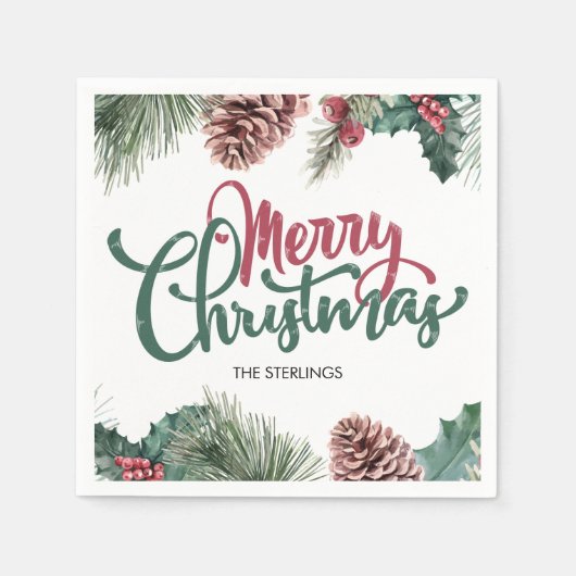 Vrolijk Kerstmis Bloemendennenappel Rode Holly Ran Servet (Voorkant)